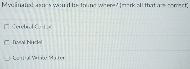 Myelinated axons would be found where? (mark all that are correct)
Cerebral Cortex
Basal Nuclei
Central White Matter