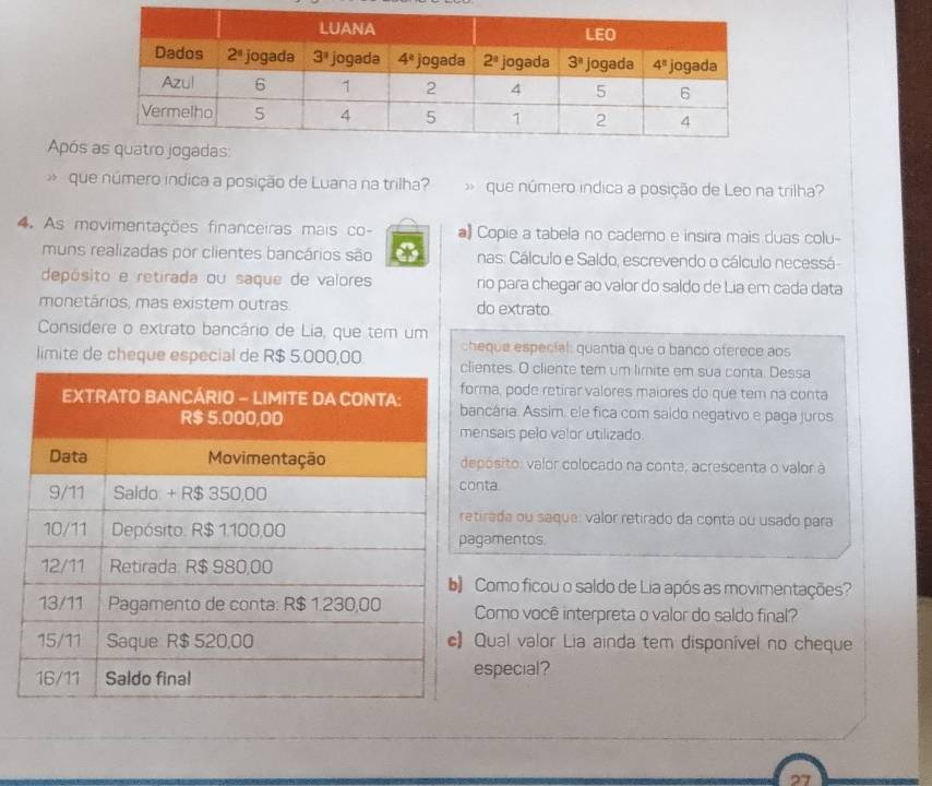 Após
» que número indica a posição de Luana na trilha? » que número indica a posição de Leo na trilha?
4. As movimentações financeiras mais co- ) Copie a tabela no caderno e insira mais duas colu-
muns realizadas por clientes bancários são nas: Cálculo e Saldo, escrevendo o cálculo necessá
depósito e retirada ou saque de valores rio para chegar ao valor do saldo de Lia em cada data
monetários, mas existem outras do extrato
Considere o extrato bancário de Lia, que tem um
cheque especial: quantia que o banco oferece aos
limite de cheque especial de R$ 5.000,00ientes. O cliente tem um limite em sua conta. Dessa
rma, pode retirar valores maiores do que tem na conta
ancária. Assim, ele fica com saído negativo e paga juros
ensais pelo valor utilizado.
epósito: valor colocado na conta, acrescenta o valor à
nta.
tirada ou saque: valor retirado da conta ou usado para
gamentos
Como ficou o saldo de Lia após as movimentações?
Como você interpreta o valor do saldo final?
Qual valor Lia ainda tem disponível no cheque
especial?