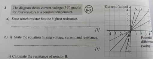 The diagram shows current-voltage (/-½) graphs 6-7 Grad
for four resistors at a constant temperature. 
a) State which resistor has the highest resistance. 
D 
_ 
[1] 
_ 
b) i) State the equation linking voltage, current and resistance. differenc al 
) 
[1] 
ii) Calculate the resistance of resistor B.