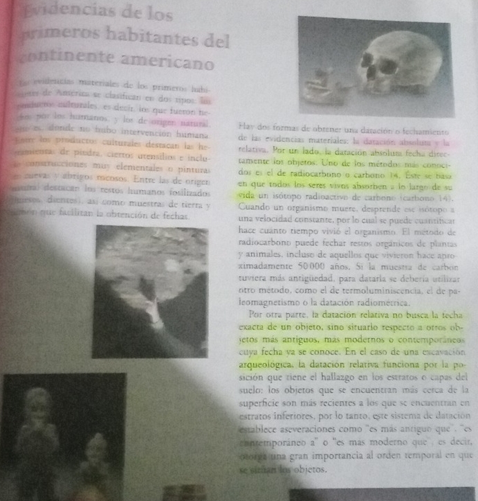 Evidencias de los
primeros habitantes del
continente americano
rge  evidencias materiales de los primeros habi
ntes de América se clasifican en dos tipos lo
amiueros multuniles, es decir, los que fueron he
os por los humanos, y los de origen natural Hay dos formas de obrener una daración o fechamiento
ane es, donde no hubo intervención humana de las evidencias materiales: la daración absoluta y la
Ent los productos culturales destaçan las he relativa. Por un lado, la daración absoluma fecha direc-
ramientas de piedra, ciertos utensílios e inclu tamente los objetos. Uno de los métodos más conoci-
contrucciónes muy elementales o pinturas dos es el de radiocarbono o carbono 14. Este se basa
m cuevas y abrigos mcosos. Entre las de origer en que todos los seres vivos absorben a lo largo de su 
aa) destacán los restos humanos fosilizados  vida un isótopo radioactivo de carbono (carbono 14).
meses, dientes), así como muestras de tierra y  Cuando un organismo muere, desprende ese isótopo  a
amon que facilitan la obtención de fechas una velocidad constante, por lo cual se puede cuantificar
hace cuanto tiempo vivió el organismo. El método de
radiocarbono puede fechar restos orgánicos de plantas
y animales, incluso de aquellos que vivieron hace apro
ximadamente 50000 años. Si la muestra de carbón
tuviera más antigüedad, para dataria se debería utilizar
ntro método, como el de termoluminiscencia, el de pa-
leomagnetismo o la datación radiométrica.
Por otra parte, la datación relativa no busca la fecha
exacta de un objeto, sino situarlo respecto a otros ob-
jetos más antíguos, más modernos o contemporáneos
cuya fecha ya se conoce. En el caso de una excavación
arqueológica, la datación relativa funciona por la po
sición que tiene el hallazgo en los estratos o capas del
suelo: los objetos que se encuentran más cerca de la
superficie son más recientes a los que se encuentran en
estratos inferiores, por lo tanto, este sistema de datación
establece aseveraciones como 'es más antiguo que', ''es
cantemporáneo a'' o ''es más moderno que ; es decir,
otorga una gran importancia al orden temporal en que
se sitfan los objetos.