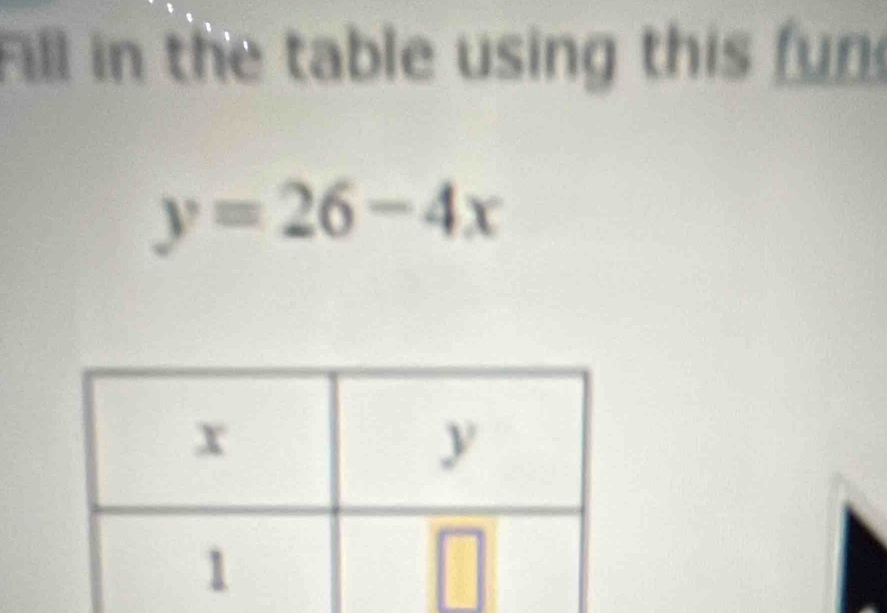 Fill in the table using this fun
y=26-4x