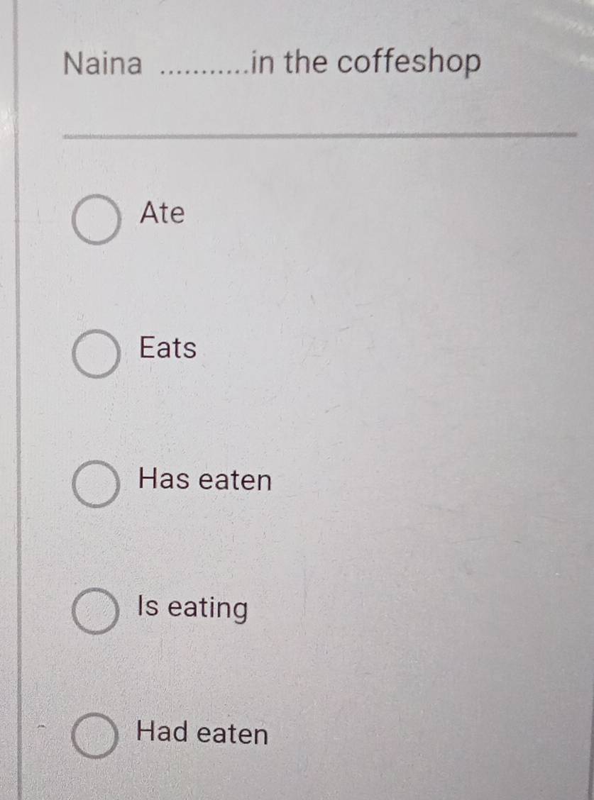 Naina _in the coffeshop
_
Ate
Eats
Has eaten
Is eating
Had eaten