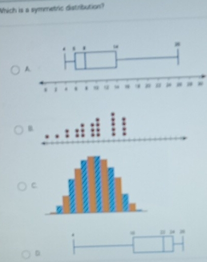 Mhich is a symmetric distribution?
A
B
C