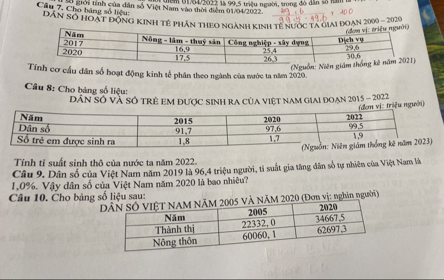 hệi têm 01/04/2022 là 99, 5 triệu người, trong đó dân số năm l 
số giới tính của dân số Việt Nam vào thời điểm 01/04/2022. 
Câu 7. Cho bảng số liệu: 
DâN SÓ hOẠt độnG KINH TÊ phân tHEO ngÀNH kIỚc ta giai đoạn 2000-2020
cơ cấu dân số hoạt động kinh tế phân theo ngành của nước ta năm 2020. 
Câu 8: Cho bảng số liệu: 
dân số và số trẻ Em được sinh ra của việt nam giai đoạn 2015 - 2022 
ị: triệu người) 
Tính tỉ suất sinh thô của nước ta năm 2022. 
Câu 9. Dân số của Việt Nam năm 2019 là 96, 4 triệu người, tỉ suất gia tăng dân số tự nhiên của Việt Nam là 
1, 0%. Vậy dân số của Việt Nam năm 2020 là bao nhiêu? 
Câu 10. Cho bảng số liệu sau: 
2020 (Đơn vị: nghìn người)