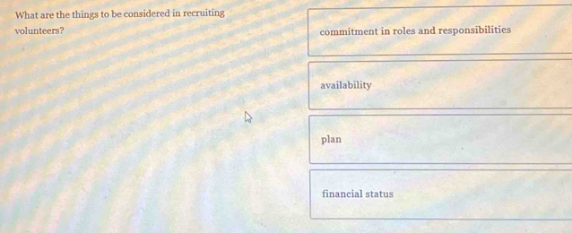 What are the things to be considered in recruiting
volunteers? commitment in roles and responsibilities
availability
plan
financial status