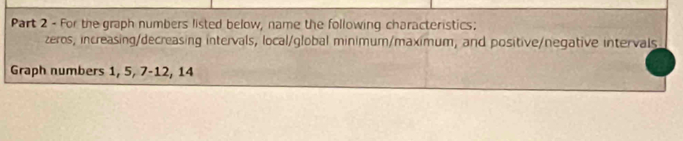 For the graph numbers listed below, name the following characteristics: 
zeros, increasing/decreasing intervals, local/global minimum/maximum, and positive/negative intervals 
Graph numbers 1, 5, 7 -12, 14