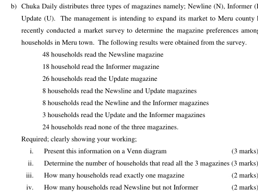 Chuka Daily distributes three types of magazines namely; Newline (N), Informer (l
Update (U). The management is intending to expand its market to Meru county l
recently conducted a market survey to determine the magazine preferences amon
households in Meru town. The following results were obtained from the survey.
48 households read the Newsline magazine
18 household read the Informer magazine
26 households read the Update magazine
8 households read the Newsline and Update magazines
8 households read the Newline and the Informer magazines
3 households read the Update and the Informer magazines
24 households read none of the three magazines.
Required; clearly showing your working;
i. Present this information on a Venn diagram (3 marks)
ii. Determine the number of households that read all the 3 magazines (3 marks)
iii. How many households read exactly one magazine (2 marks)
iv. How many households read Newsline but not Informer (2 marks)