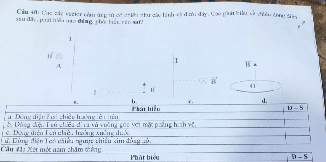 Cho các vector cảm ứng từ có chiều như các hình vẽ dưới đây. Các phát biểu về chiều dòng điện
sau đây, phát biểu nào đúng, phát biểu nào sai?
I
B^(·) 
I
A
vector B
vector B
I
B^(·) 
a.
b.
c.
d.
Phát biểu D-S
a. Dòng điện I có chiều hướng lên trên.
b. Dòng điện I có chiều đi ra và vuông góc với mặt phăng hình vẽ.
c. Dòng điện I có chiều hướng xuống dưới.
d. Dòng điện I có chiều ngược chiều kim đồng hồ.
Câu 41: Xét một nam châm thăng.
Phát biểu D-S