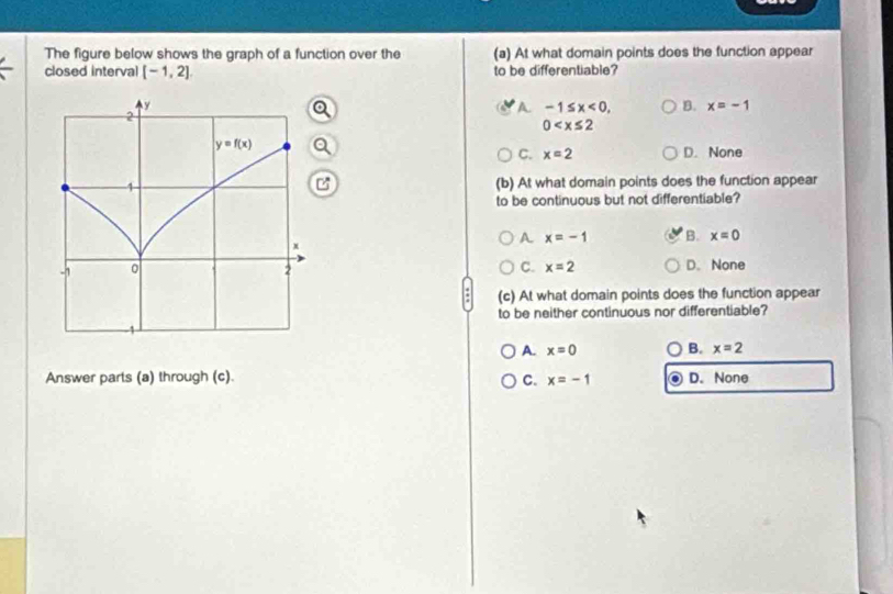 The figure below shows the graph of a function over the (a) At what domain points does the function appear
closed interval [-1,2] to be differentiable?
A -1≤ x<0, B. x=-1
0
C. x=2 D. None
(b) At what domain points does the function appear
to be continuous but not differentiable?
A x=-1 B. x=0
C. x=2 D. None
(c) At what domain points does the function appear
to be neither continuous nor differentiable?
A. x=0 B. x=2
Answer parts (a) through (c). C. x=-1 D.None