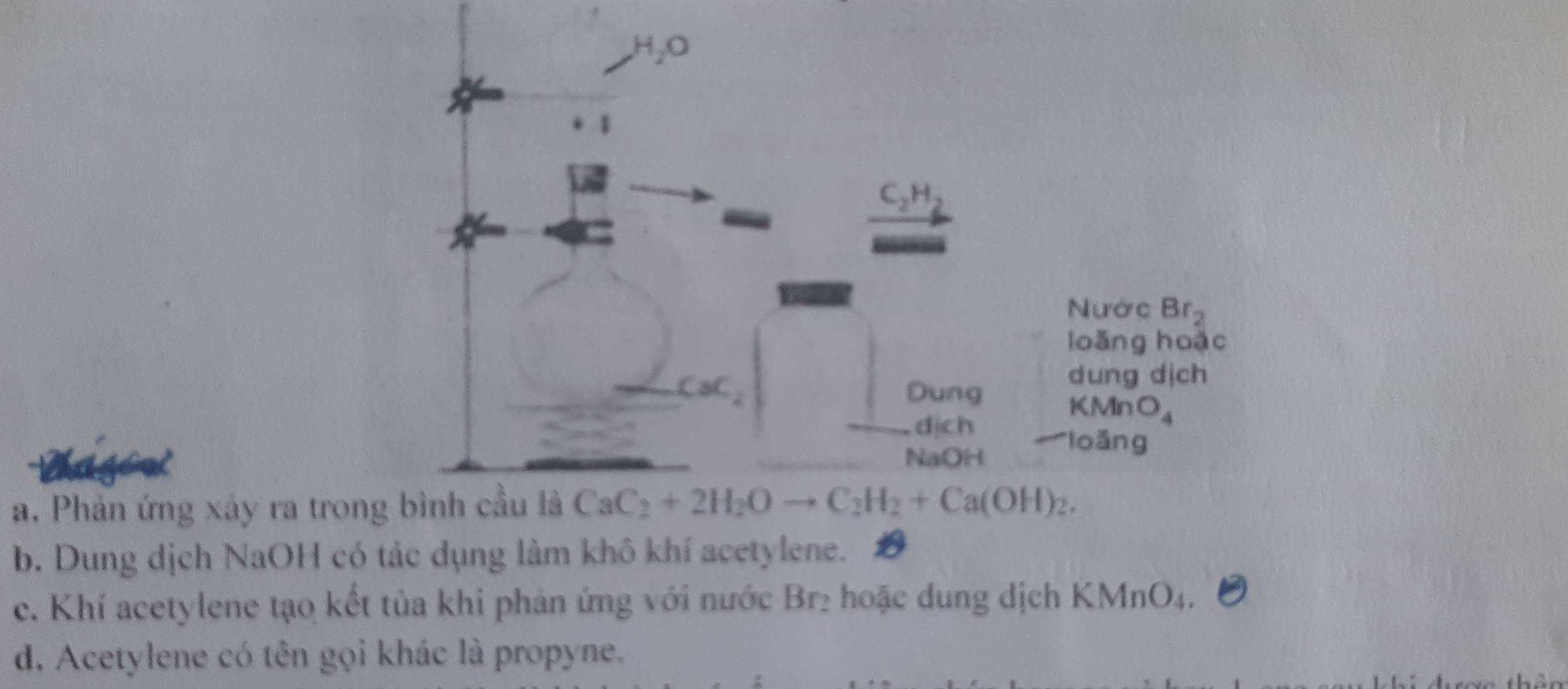 H₂O 
. ;
C_2H_2
Nước Br_2
loǎng hoặc
CaC_2 Dung 
dung dịch 
K Mr O_4
djch 
te 
NaOH 
loāng 
a. Phản ứng xảy ra trong bình cầu là CaC_2+2H_2Oto C_2H_2+Ca(OH)_2. 
b. Dung dịch NaOH có tác dụng làm khô khí acetylene. 
c. Khí acetylene tạo kết tủa khi phản ứng với nước Br₂ hoặc dung dịch KMnO_4. 
d. Acetylene có tên gọi khác là propyne.