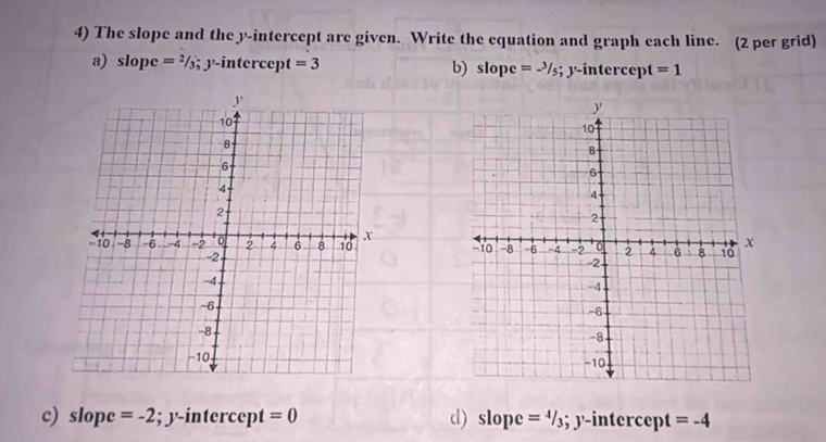 The slope and the y-intercept are given. Write the equation and graph each line. (2 per grid) 
a) slope =^2/_3; y-intercept=3 b) slop e =-^3/_5;y-interce ept =1

c) slope =-2; y-intercept =0 d) slope =4/3;y-intercept =-4