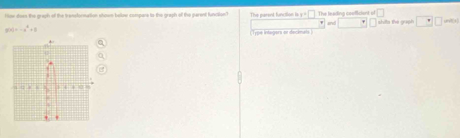 How does the graph of the transformation shown below compare to the graph of the parent function? The parent function is y=□ The leading coefficient of □ 
τ
g(x)=-x^4+8
(Type integers or decimals) and □ shifts the graph □ □ b