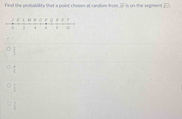 Find the probability that a point chosen at random from overline JP is on the segment overline KO·
 2/3 
 4/5 
 1/2 
 5/6 