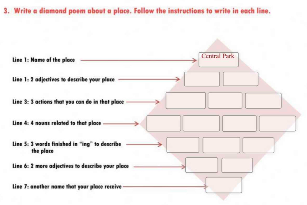 Write a diamond poem about a place. Follow the instructions to write in each line.