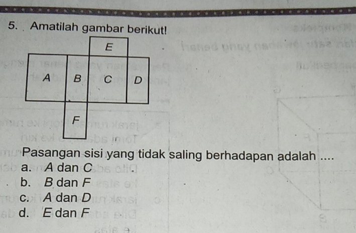 Amatilah gambar berikut!
Pasangan sisi yang tidak saling berhadapan adalah ....
a. A dan C
b. B dan F
c. A dan D
d. E dan F