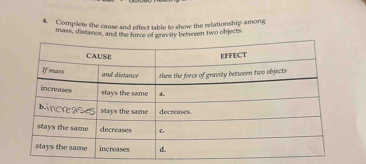 Complete the cause and effect table to show the relationship among 
mass, distance, and the y between two objects.