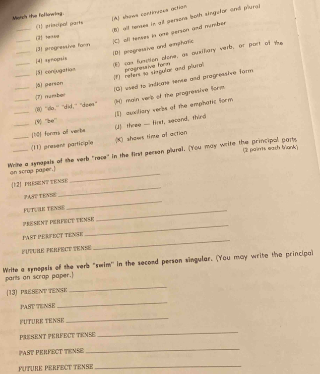 (A) shows continuous action
Match the following.
(B) all tenses in all persons both singular and plural
_(1) principal parts
(C) all tenses in one person and number
_(2) tense
_
(3) progressive form
(D) progressive and emphatic
_
(E) can function alone, as auxiliary verb, or part of the
(4) synopsis
(5) conjugation progressive form
(F) refers to singular and plural
(7) number (G) used to indicate tense and progressive form
(6) person
_(8) ''do,'' ''did,'' ''does'' (H) main verb of the progressive form
_(9) ''be'' (I) auxiliary verbs of the emphatic form
_(10) forms of verbs (J) three — first, second, third
_(11) present participle (K) shows time of action
Write a synopsis of the verb ''race'' in the first person plural. (You may write the principal parts (2 points each blank)
_
on scrap paper.)
_
(12) PRESENT TENSE
_
PAST TENSE
FUTURE TENSE_
_
PRESENT PERFECT TENSE
PAST PERFECT TENSE
FUTURE PERFECT TENSE
_
Write a synopsis of the verb "swim" in the second person singular. (You may write the principal
parts on scrap paper.)
(13) PRESENT TENSE
_
PAST TENSE
_
FUTURE TENSE
_
PRESENT PERFECT TENSE
_
PAST PERFECT TENSE
_
FUTURE PERFECT TENSE
_
