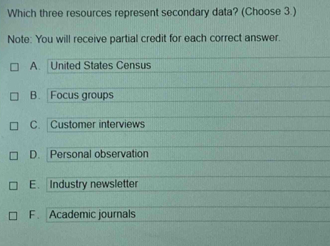 Which three resources represent secondary data? (Choose 3.)
Note: You will receive partial credit for each correct answer.
A. United States Census
B. Focus groups
C. Customer interviews
D. Personal observation
E. Industry newsletter
F Academic journals