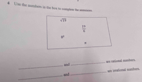 Use the numbers in the box to complete the sentences.
sqrt(19)
 19/6 
8^2
π
_ 
and _are rational numbers. 
_ 
are irrational numbers. 
_and