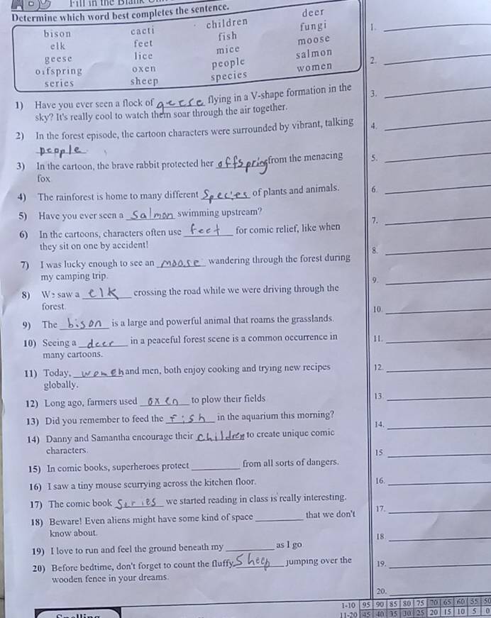 Fil in thể Bian 
_ 
_ 
1) Have you ever seen a flock of__ 
sky? It's really cool to watch them soar through the air together. 
2) In the forest episode, the cartoon characters were surrounded by vibrant, talking 4. 
_ 
3) In the cartoon, the brave rabbit protected her _from the menacing 5. 
_ 
fox 
4) The rainforest is home to many different _of plants and animals. 6. 
_ 
5) Have you ever seen a _swimming upstream? 
6) In the cartoons, characters often use _for comic relief, like when 7. 
_ 
they sit on one by accident! 
7) I was lucky enough to see an _wandering through the forest during 8. 
_ 
my camping trip. 
9._ 
8) We saw a _crossing the road while we were driving through the 
forest 
9) The _is a large and powerful animal that roams the grasslands. 10._ 
10) Seeing a _in a peaceful forest scene is a common occurrence in 11._ 
many cartoons. 
11) Today, _A and men, both enjoy cooking and trying new recipes 12._ 
globally. 
12) Long ago, farmers used _to plow their fields 13_ 
13) Did you remember to feed the _in the aquarium this morning? 14._ 
14) Danny and Samantha encourage their _ to create unique comic 
characters 
15_ 
15) In comic books, superheroes protect _from all sorts of dangers. 
16) I saw a tiny mouse scurrying across the kitchen floor. 16._ 
17) The comic book _we started reading in class is really interesting. 
18) Beware! Even aliens might have some kind of space _that we don't 17._ 
know about. 
19) I love to run and feel the ground beneath my _as l go 18._ 
20) Before bedtime, don't forget to count the fluffy _jumping over the 19._ 
wooden fence in your dreams. 
20. 
_ 
1- 10 95 90 85 80 75 20 65 60 55 50
11- 20 | 45 40 35 30 25 20 15 10 5 0