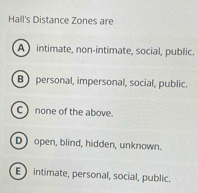 Solved: Hall's Distance Zones are A intimate, non-intimate, social ...