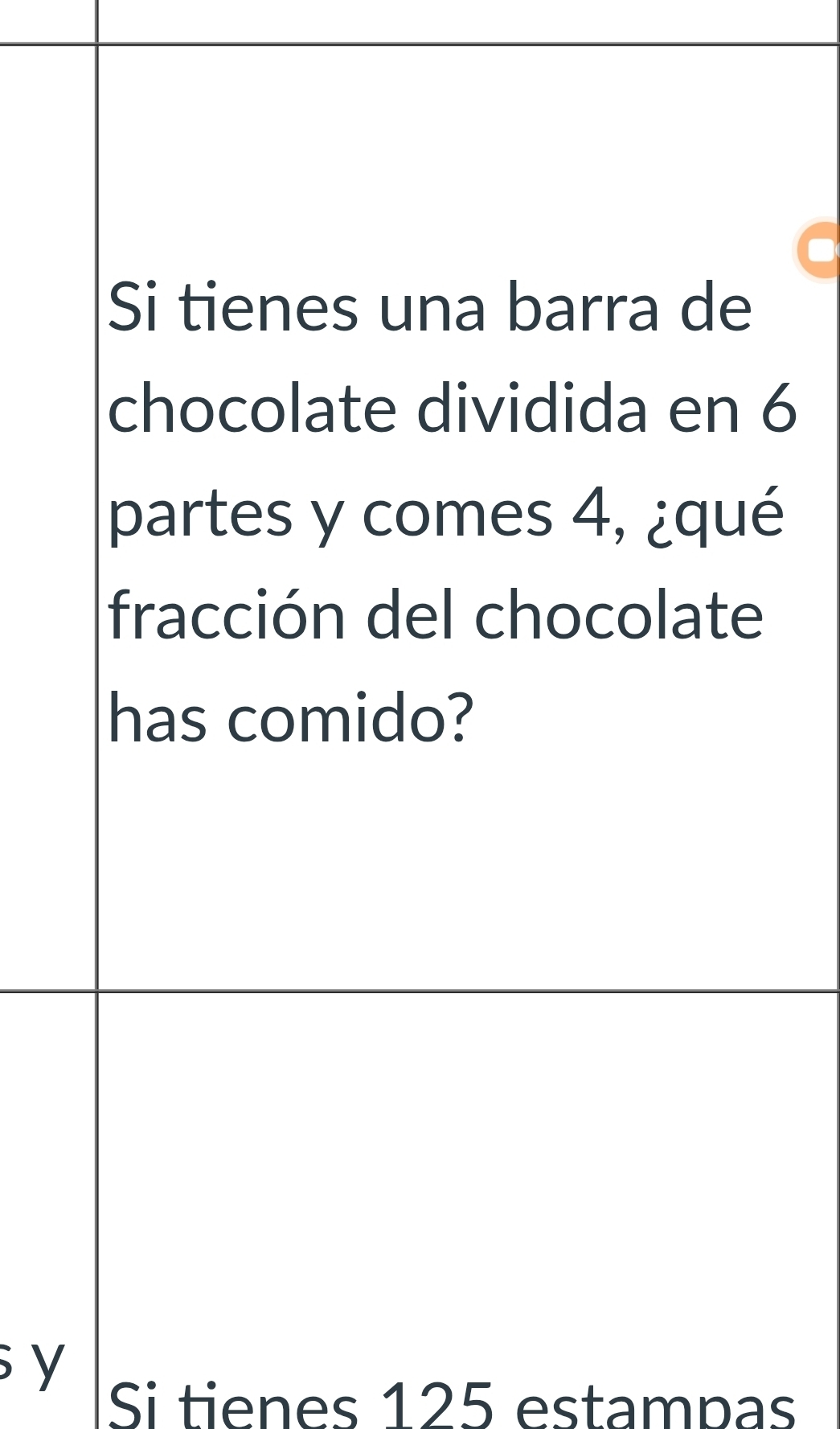 Si tienes una barra de 
chocolate dividida en 6
partes y comes 4, ¿qué 
fracción del chocolate 
has comido? 
y 
Si tienes 125 estampas