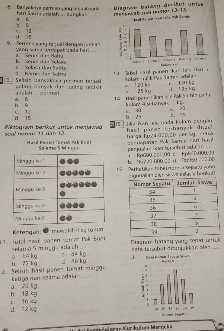 Banyaknya permen yang terjual pada Diagram batang berikut untuk
hari Sabtu adalah ... bungkus. menjawab soal nomor 13-15.
a. 6
Hasil Panen Ikan Lele Pak Samin
b. 9
c. 12
d. 15
9. Permen yang terjual dengan jumlah
yang sama terdapat pada hari ....
a. Senin dan Rabu
b. Senin dan Selasa
c. Selasa dan Sabtu
d. Kamis dan Sabtu
13. ·Tabel hasil panen ikan lele dari 5
10. Selisih banyaknya permen terjual
kolam milik Pak Samin adalah ....
paling banyak dan paling sedikit a. 120 kg c. 130 kg
adalah ... permen. b. 125 kg d. 135 kg
a. 6
14. Hasil panen ikan lele Pak Samin pada
b. 9 kolam 4 sebanyak ... kg.
c. 12 a. 30 c. 20
d. 15 b. 25 d. 15
Piktogram berikut untuk menjawab 15. Jika ikan lele pada kolam dengan
soal nomor 11 dan 12. hasil panen terbanyak dijual
harga Rp24.000,00 per kg, maka
Hasil Panen Tomat Pak Budi
pendapatan Pak Samin dari hasil
Selama 5 Minggu
penjualan ikan tersebut adalah ....
a. Rp600.000,00 c. Rp840.000,00
b. Rp720.000,00 d. Rp960.000,00
16. Perhatikan tabel nomor sepatu yang
nakan oleh siswa kelas V berikut!
 
Ketengan: mewakili 4 kg tomat.
1. Total hasil panen tomat Pak Budi Diagram batang yang tepat untuk
selama 5 minggu adalah ....
data tersebut ditunjukkan oleh ....
a. 64 kg c. 84 kg
a.
b. 72 kg d. 86 kg 
2. Selisih hasil panen tomat minggu 
ketiga dan kelima adalah ....
a. 20 kg
b. 18 kg
c. 16 kg
d. 12 kg
Rembelgjaran Kurikulum Merdeka