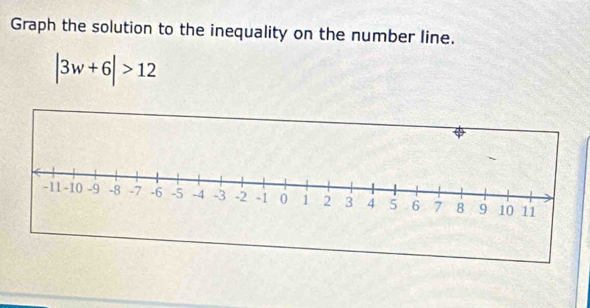 Graph the solution to the inequality on the number line.
|3w+6|>12