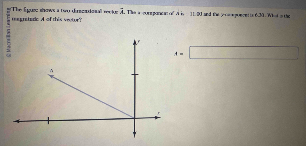 The figure shows a two-dimensional vector vector A. The x -component of vector A is −11.00 and the y -component is 6.30. What is the 
magnitude A of this vector?
A=□