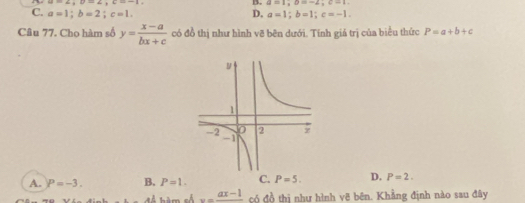 ae=∠ , ∠ P-∠ -1
B. a=1; b=-2; c=1.
C. a=1; b=2; c=1. D. a=1; b=1; c=-1. 
Câu 77. Cho hàm số y= (x-a)/bx+c  có đồ thị như hình vẽ bên dưới. Tính giả trị của biểu thức P=a+b+c
A. P=-3. B. P=1. C. P=5. D. P=2. 
S. u=frac ax-1 có đồ thị như hình vẽ bên. Khẳng định nào sau đây