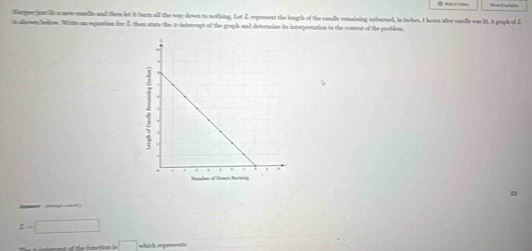 Stow Dampes 
Horper junt It anew uumdlle and) them let it burn all the way down to nothing. Let & represent the length of the candle remaining unburned, in inches, t hours after candle was lt. A graph of L 
in aliowr bellow. Whrite an equatioon for I them stutte the 2 -inturcept of the graph and determine its interpretation in the context of the problem. 
ie
L=□
er ean o the facttianen in □ which regoesents