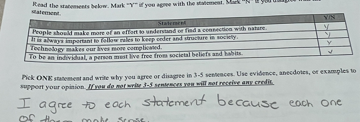 Read the statements below. Mark “ Y ” if you agree with the statement. Mark 'N' if you us 
sta 
Pick ONE statement and write why you agree or disagree in 3-5 sentences. Use evidence, anecdotes, or examples to 
support your opinion. If you do not write 3-5 sentences you will not receive any credit.