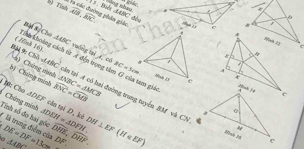 ' giác. 
Dăng nhau, 
a 1. 5. Biết △ ABC đều 
b) Tính widehat AIB, widehat BIC. g phân giác. 
( Hình 16). 
ính khoảng cách từ A đến trọng tâm G của tam giá Bài 8: Cho △ ABC vuông tại 4, có 
Bài 9: Chố a) Chứng minh △ NBC=△ MCB
BC=5cm. 
b) Chứng minh widehat BNC=widehat CMB
△ ABC tân tại A có hai đường trung tuyến BM và CN 
i 10: Cho △ DEF cân tại D, kẻ DH⊥ EF(H∈ EF)
Chứng minh Tính số đo hai góc △ DEH=△ DFH. widehat DHE, widehat DHF. 
là trung điểm của DF
DE=DF=13cm
ão △ ABC