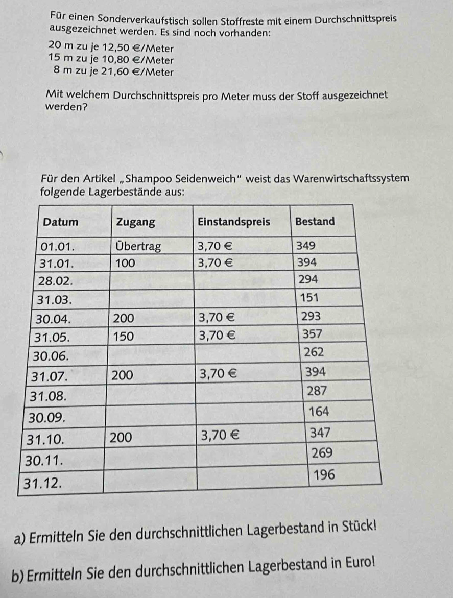 Für einen Sonderverkaufstisch sollen Stoffreste mit einem Durchschnittspreis 
ausgezeichnet werden. Es sind noch vorhanden:
20 m zu je 12,50 €/Meter
15 m zu je 10,80 €/Meter
8 m zu je 21,60 €/Meter
Mit welchem Durchschnittspreis pro Meter muss der Stoff ausgezeichnet 
werden? 
Für den Artikel „Shampoo Seidenweich“ weist das Warenwirtschaftssystem 
folgende Lagerbestde aus: 
a) Ermitteln Sie den durchschnittlichen Lagerbestand in Stück! 
b) Ermitteln Sie den durchschnittlichen Lagerbestand in Euro!