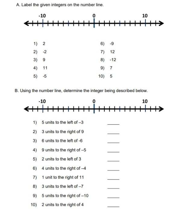 Label the given integers on the number line. 
1) 2 6) -9
2) -2 7) 12
3) 9 8) -12
4) 11 9) 7
5) -5 10) 5
B. Using the number line, determine the integer being described below. 
1) 5 units to the left of -3
_ 
2) 3 units to the right of 9
_ 
3) 6 units to the left of -6
_ 
4) 9 units to the right of -5
_ 
5) 2 units to the left of 3
_ 
6) 4 units to the right of -4
_ 
7) 1 unit to the right of 11
_ 
8) 3 units to the left of -7
_ 
9) 5 units to the right of -10
_ 
10) 2 units to the right of 4
_