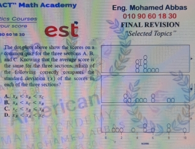 ACT'' Math Academy Eng. Mohamed Abbas
tics Courses 010 90 60 18 30
our score
90 60 18 30 est FINAL REVISION
''Selected Topics ''
The dot plots above show the scores on a
common quiz for the three sections A. B.
and C. Knowing that the average score is
the same for the three sections, which of
the following correctly compares the
standard deviation (x) of the scores in
each of the three sections?
A. x_A
B. x_A
C. x_C
D. x_B
2
10