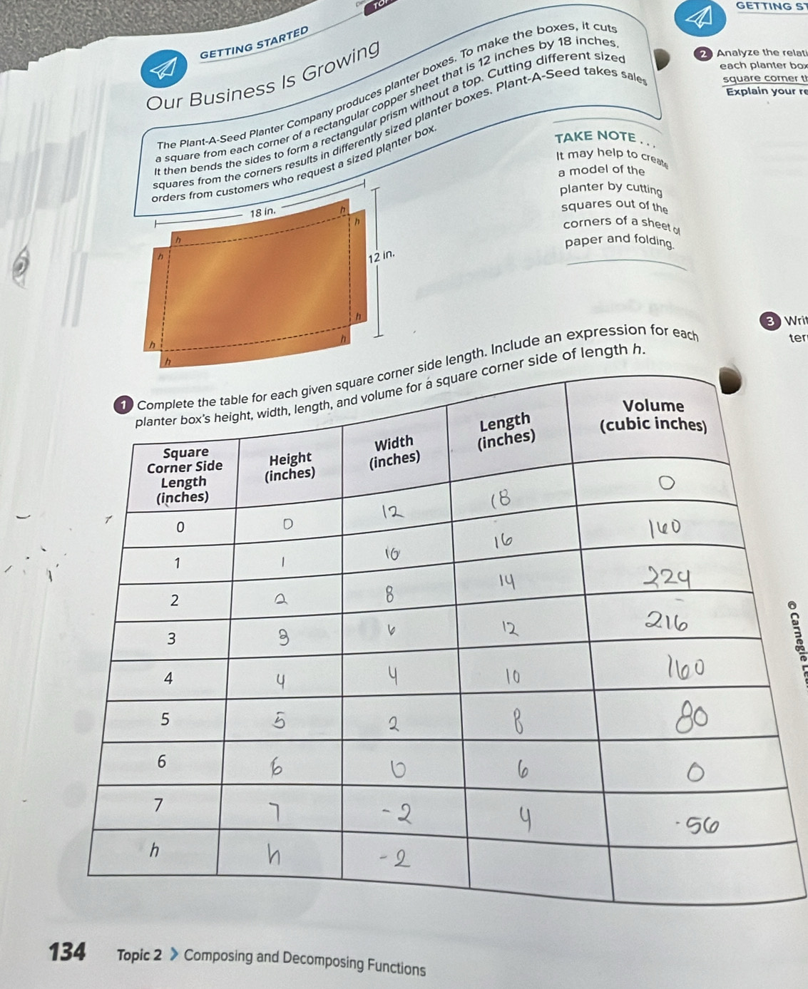 GETTING S 
GETTING STARTED 
each planter box 
Our Business Is Growing 
square corner t 
he Plant-A-Seed Planter Company produces planter boxes. To make the boxes, it cu 
Explain your r 
square from each corner of a rectangular copper sheet that is 12 inches by 18 inche
then bends the sides to form a rectangular prism without a top. Cutting different size 
2 Analyze the relat 
ares from the corners results in differently sized planter boxes. Plant-A-Seed takes sal 
TAKE NOTE . . . 
It may help to create 
s who request a sized planter box 
a model of the 
planter by cutting 
squares out of the 
corners of a sheet o 
paper and folding. 
3 Wri 
ter 
length. Include an expression for each 
side of length h 
3
134 Topic 2 》 Composing and Decomposing Functions