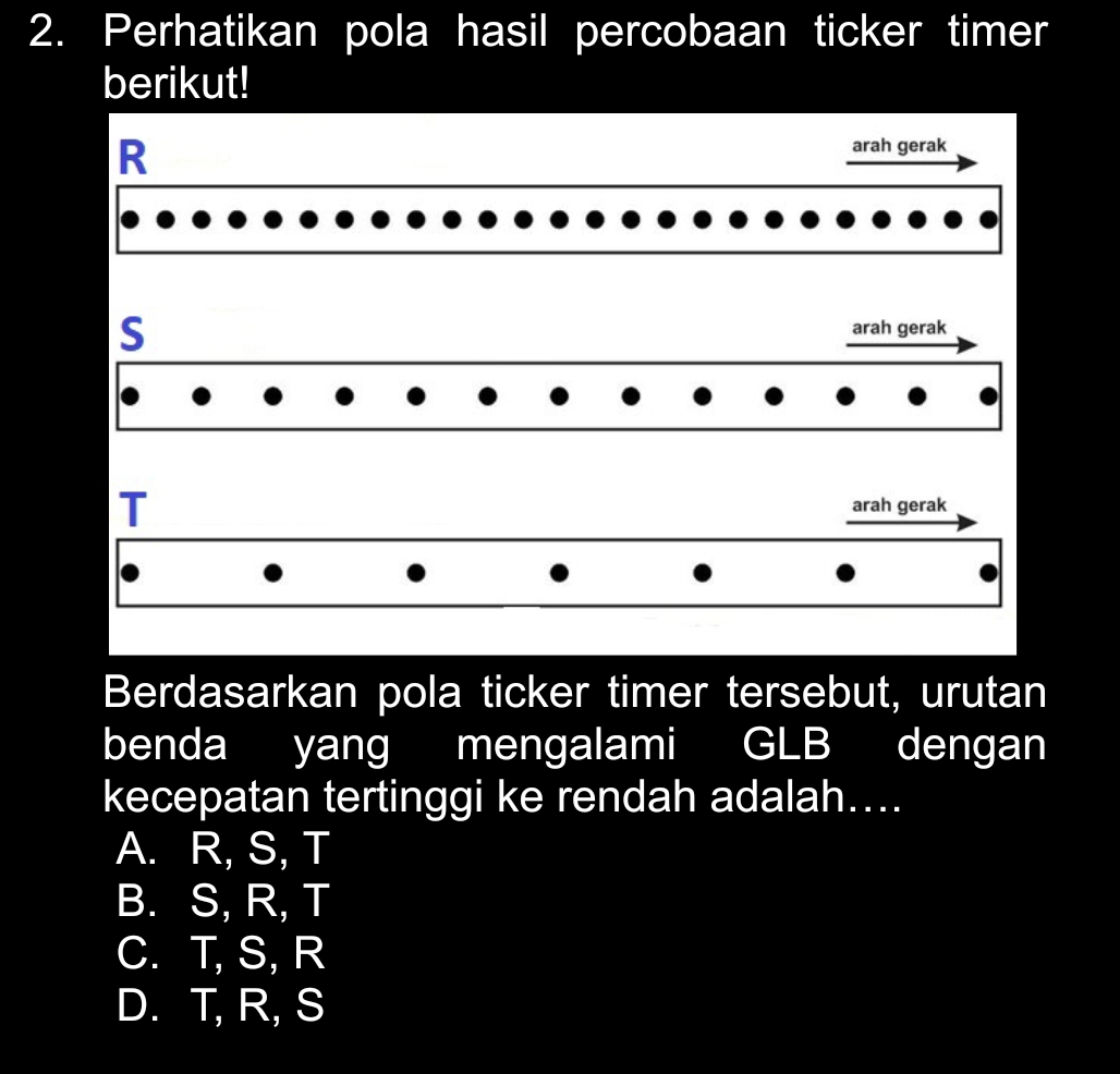 Perhatikan pola hasil percobaan ticker timer
berikut!
R
arah gerak
S
arah gerak
arah gerak
Berdasarkan pola ticker timer tersebut, urutan
benda yang mengalami GLB dengan
kecepatan tertinggi ke rendah adalah....
A. R, S, T
B. S, R, T
C. T, S, R
D. T, R, S