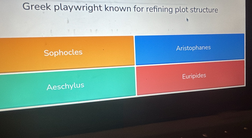 Greek playwright known for refining plot structure
Sophocles Aristophanes
Euripides
Aeschylus