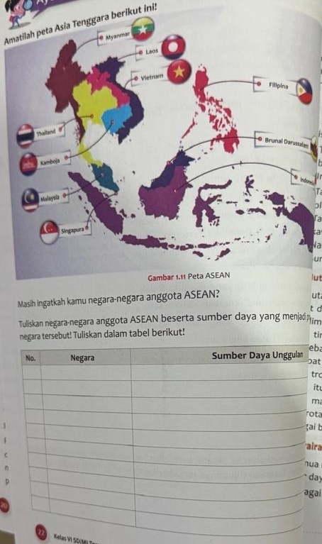 Amatilah peta Asia Tenggara berikut ini! 
m 
T 
o 
「a 
a 
Va 
ur 
lut 
Masih ingatkah kamu neg 
ut 
t d 
Tuliskan negara-negara anggota ASEAN beserta sumber daya yang menjad M r 
negara tersebut! Tuliskan dalam tabel berikut! tir 
ba 
at 
trc 
it 
m 
ota 
i b 
ira 
C 
ηua 
p 
ay 
gai 
Kelas VI SD(M) T