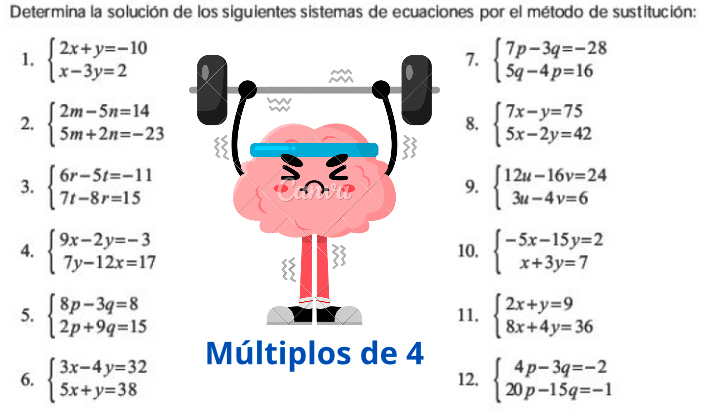 Determina la solución de los siguientes sistemas de ecuaciones por el método de sustitución: 
1. beginarrayl 2x+y=-10 x-3y=2endarray. beginarrayl 7p-3q=-28 5q-4p=16endarray.
7. 
2. beginarrayl 2m-5n=14 5m+2n=-23endarray. beginarrayl 7x-y=75 5x-2y=42endarray.
8. 
3. beginarrayl 6r-5t=-11 7t-8r=15endarray. beginarrayl 12u-16v=24 3u-4v=6endarray.
9. 
4. beginarrayl 9x-2y=-3 7y-12x=17endarray. 10. beginarrayl -5x-15y=2 x+3y=7endarray.
5. beginarrayl 8p-3q=8 2p+9q=15endarray. 11. beginarrayl 2x+y=9 8x+4y=36endarray.
6. beginarrayl 3x-4y=32 5x+y=38endarray. Múltiplos de 4
12. beginarrayl 4p-3q=-2 20p-15q=-1endarray.