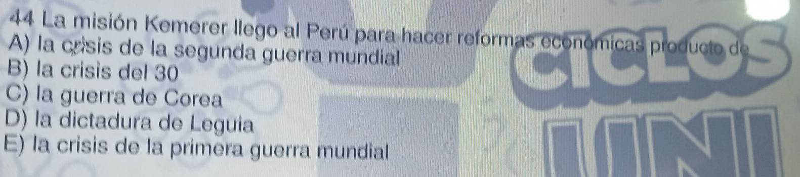 La misión Kemerer llego al Perú para hacer reformas económicas producto de
A) la crisis de la segunda guerra mundial
B) la crisis del 30
C) la guerra de Corea
D) la dictadura de Leguia
E) la crisis de la primera guerra mundial