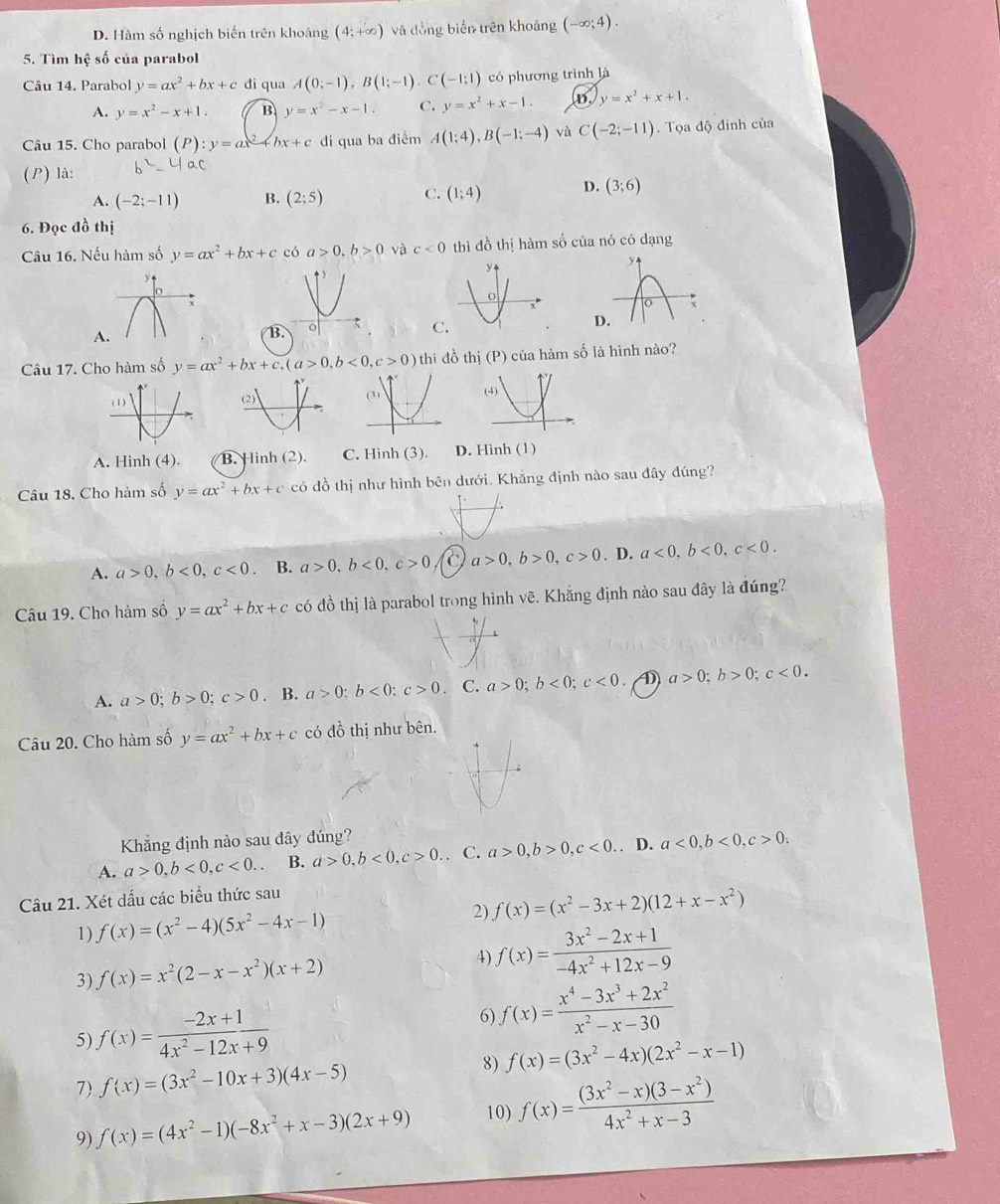 D. Hàm số nghịch biến trên khoảng (4;+∈fty ) và đòng biến trên khoảng (-∈fty ;4).
5. Tìm hệ số của parabol
Câu 14. Parabol y=ax^2+bx+c di qua A(0;-1),B(1;-1),C(-1;1) có phương trình là
A. y=x^2-x+1. B y=x^2-x-1 C. y=x^2+x-1. D. y=x^2+x+1.
Câu 15. Cho parabol (P):y=ax^2+bx+c di qua ba điểm A(1;4),B(-1;-4) và C(-2;-11). Tọa độ đinh của
(P) là:
A. (-2;-11) B. (2;5) C. (1;4) D. (3;6)
6. Đọc đồ thị
Câu 16. Nếu hàm số y=ax^2+bx+c có a>0,b>0 và c<0</tex> thì đồ thị hàm số của nó có dạng
B
C
Câu 17. Cho hàm số y=ax^2+bx+c,(a>0,b<0,c>0) thì đồ thị (P) của hàm số là hình nào?
A. Hình (4). B. Hình (2). C. Hình (3). D. Hình (1)
Câu 18. Cho hàm số y=ax^2+bx+c có đồ thị như hình bên dưới. Khẳng định nào sau đây đúng?
A. a>0,b<0,c<0</tex> . B. a>0,b<0,c>0 C a>0,b>0,c>0. D. a<0,b<0,c<0.
Câu 19. Cho hàm số y=ax^2+bx+c có đồ thị là parabol trong hình vẽ. Khắng định nào sau đây là đúng?
A. a>0;b>0;c>0. B. a>0;b<0;c>0 C. a>0;b<0;c<0. D a>0;b>0;c<0.
Câu 20. Cho hàm số y=ax^2+bx+c có đồ thị như bên.
Khẳng định nào sau đây đúng?
A. a>0,b<0,c<0.. B. a>0,b<0,c>0.. C. a>0,b>0,c<0.. D. a<0,b<0,c>0.
Câu 21. Xét dấu các biểu thức sau
2) f(x)=(x^2-3x+2)(12+x-x^2)
1) f(x)=(x^2-4)(5x^2-4x-1)
3) f(x)=x^2(2-x-x^2)(x+2)
4) f(x)= (3x^2-2x+1)/-4x^2+12x-9 
5) f(x)= (-2x+1)/4x^2-12x+9 
6) f(x)= (x^4-3x^3+2x^2)/x^2-x-30 
7) f(x)=(3x^2-10x+3)(4x-5) 8) f(x)=(3x^2-4x)(2x^2-x-1)
9) f(x)=(4x^2-1)(-8x^2+x-3)(2x+9) 10) f(x)= ((3x^2-x)(3-x^2))/4x^2+x-3 