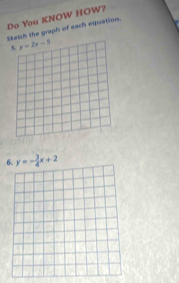 Do You KNOW HOW?
Sketch the graph of each equation.
y=2x-5
6. y=- 3/4 x+2