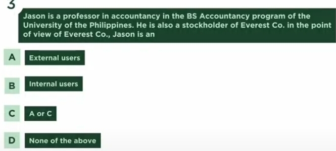 Jason is a professor in accountancy in the BS Accountancy program of the
University of the Philippines. He is also a stockholder of Everest Co. in the point
of view of Everest Co., Jason is an
A External users
B Internal users
C A or C
D None of the above