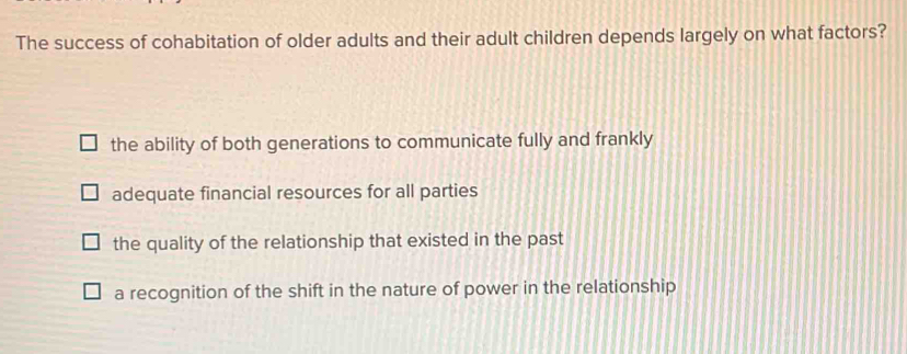 The success of cohabitation of older adults and their adult children depends largely on what factors?
the ability of both generations to communicate fully and frankly
adequate financial resources for all parties
the quality of the relationship that existed in the past
a recognition of the shift in the nature of power in the relationship