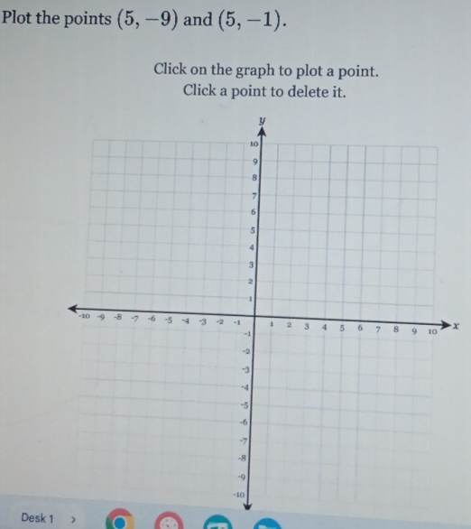 Plot the points (5,-9) and (5,-1). 
Click on the graph to plot a point. 
Click a point to delete it. 
x 
Desk 1 >