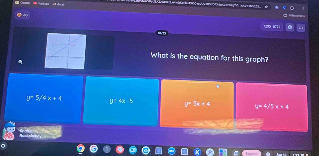 YauTube Gmail
buTXOQvpUUV5R5d0FX4q%252BZg7Yh1A%253D%253
60
7205 8772 。
10/25
What is the equation for this graph?
y=5/4x+4
y=4x-5
y=5x+4
y=4/5x+4
Shallot
Raskolnikov
Sign out Seo 30