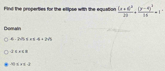 Find the properties for the ellipse with the equation frac (x+6)^220+frac (y-4)^216=1
Domain
-6-2sqrt(5)≤ x≤ -6+2sqrt(5)
-2≤ x≤ 8
-10≤ x≤ -2