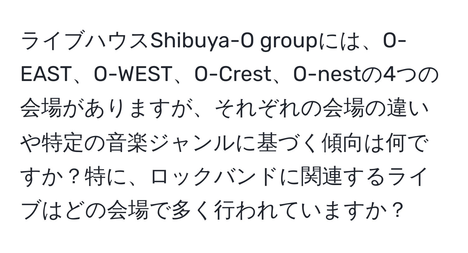 ライブハウスShibuya-O groupには、O-EAST、O-WEST、O-Crest、O-nestの4つの会場がありますが、それぞれの会場の違いや特定の音楽ジャンルに基づく傾向は何ですか？特に、ロックバンドに関連するライブはどの会場で多く行われていますか？